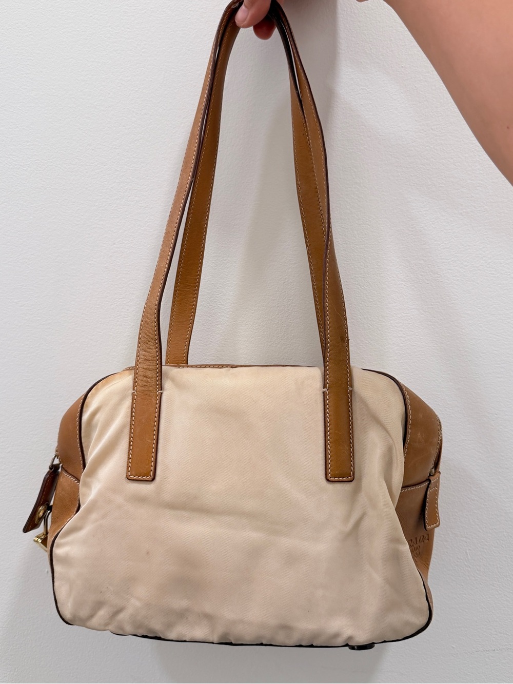 Prada Vintage Beige Nylon Tan Leather Shoulder Bag Padlock Made Italy Y2K